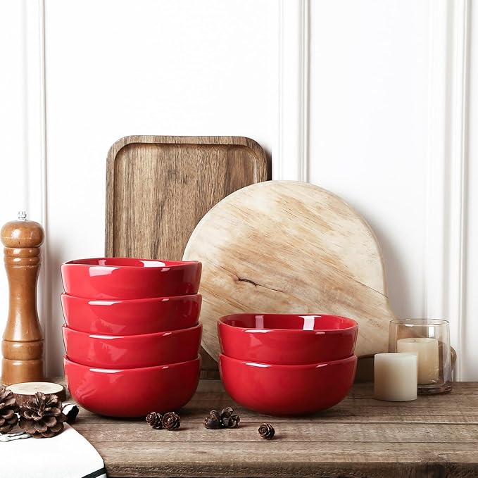vicrays Ceramic Cereal Bowls Set - Porcelain 26 Ounce Soup Salad Bowls Set - Rice Dessert Cream Bowls Set - Chip Resistant Dishwasher Microwave Safe - Set of 6 (Red)
