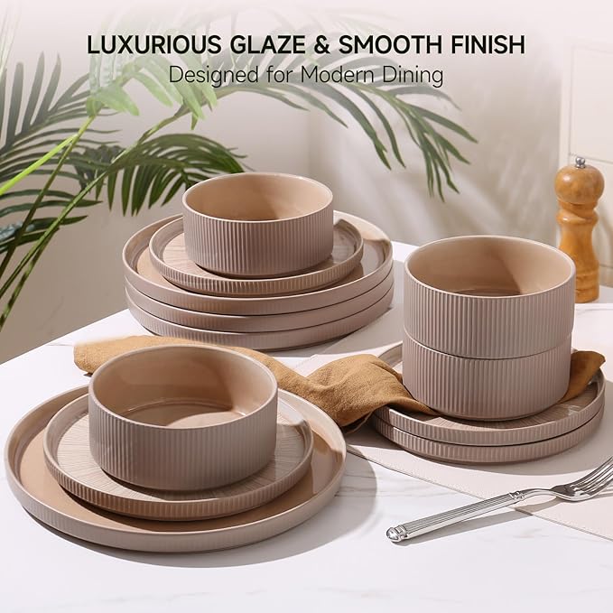 Dinnerware Sets for 8, Ceramic Plates and Bowls Set 24 Piece Dinnerware Chip Resistant Stoneware, Dishwasher and Microwave Safe-Brown