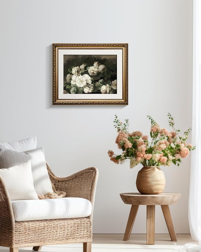 InSimSea Gold Picture Framed Wall Art, Bedroom Bathroom Vintage Flowers White Roses Canvas Print Wall Decor, Home Farmhouse Decor, Antique Paintings with Frames 13x16inch