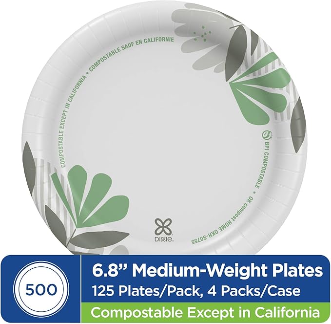 Dixie 6.8 Inch Medium-Weight Paper Plates By GP PRO, Pathways Botanical Design, 500 Count (125 Disposable Plates Per Pack, 4 Packs Per Case), UX7WS