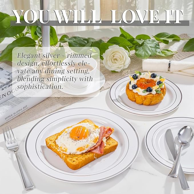 WDF 120PCS Plastic Plates White Silver Rim - Disposable Plates including 60PCS for Dinner 10.25inch, 60 Salad/Dessert Plates 7.5inch Heavy Duty Wedding Party Birthday