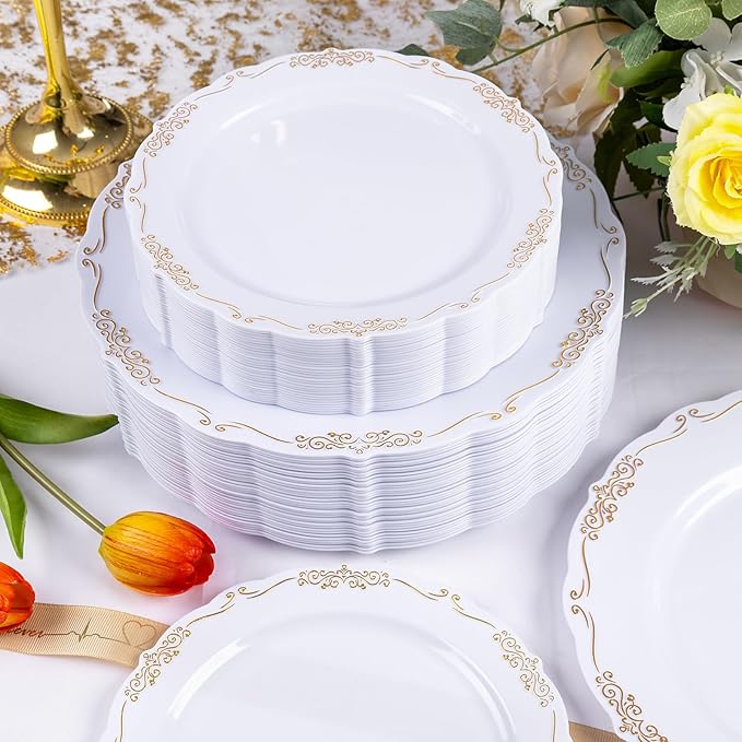 U-QE 100PCS Gold Plates Disposable - Heavy Duty White and Gold Plates Including 50PCS 10'' Dinner & 50PCS 7.5'' Dessert Plates Perfect for Upscale Party, Wedding