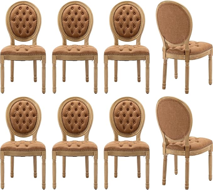Vintage French Dining Chairs Set of 8, Round Back PU Leather Upholstered Accent Chairs with Nailhead Trim and Solid Wood Frame, Farmhouse Sillas de Comedor for Dining Room & Kitchen, Whiskey Brown