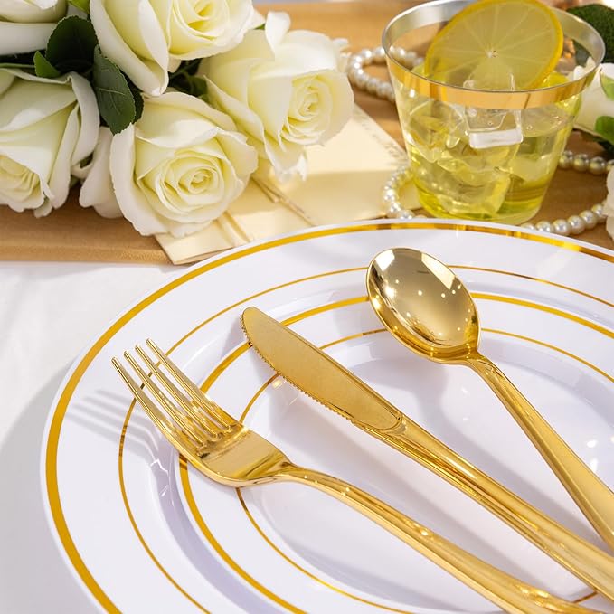 150 PCS Gold Disposable Dinnerware Set for 25 Guests, Gold and White Plastic Plates for Party, 25 Dinner & Salad Plates, 25 Cups, 25 Forks Knives Spoons for Wedding and Party Supplies