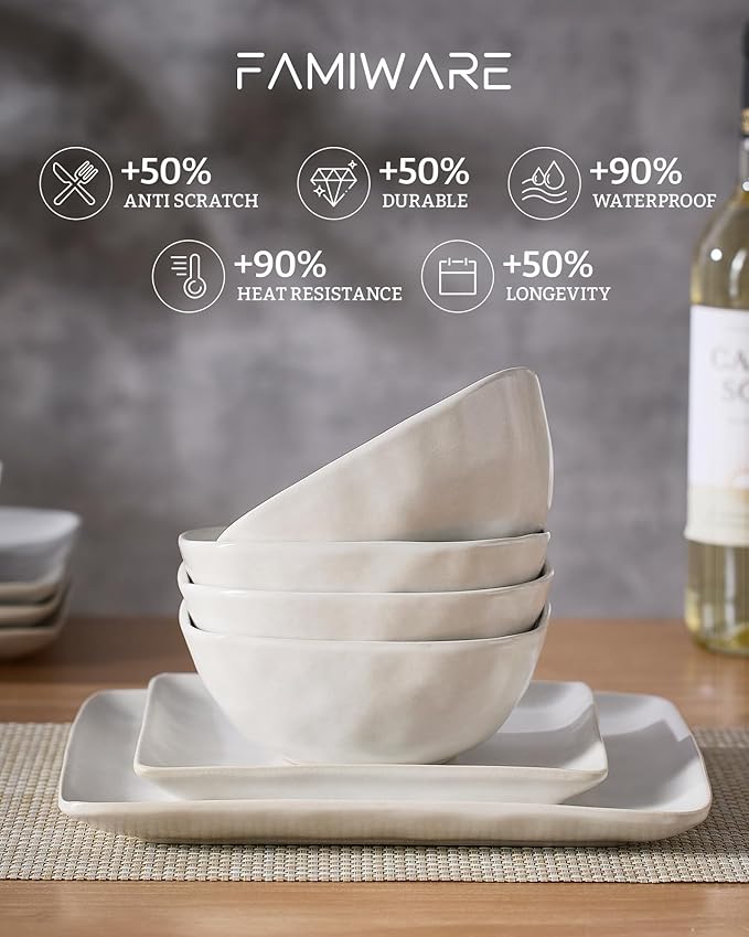 Famiware Dinnerware Sets for 6, Ocean Square 18-Piece Kitchen Plates and Bowls Sets, Microwave and Dishwasher Safe, Scratch Resistant, Matte White