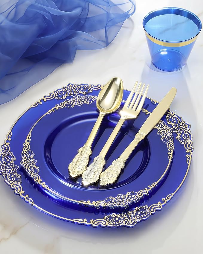 Goodluck 350 Piece Clear Blue Plastic Dinnerware Set for 50 Guests, Fancy Disposable Plates, Include: 100 Blue Rim Plastic Plates, 150 Silverwares, 50 Pre Rolled Napkins, 50 Cups for Party, Wedding