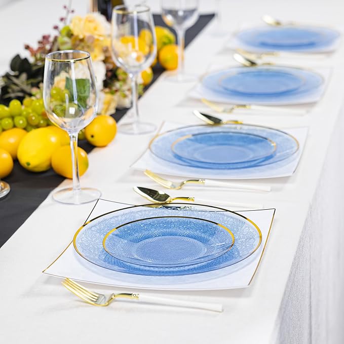 60PCS Blue Plastic Plates with Gold Rim, Lace Patterns Heavy Duty Disposable Plates Include 30 Dinner Plate 10 Inch and 30 Salad Plate 7 Inch for Party, Wedding, Transparent Blue