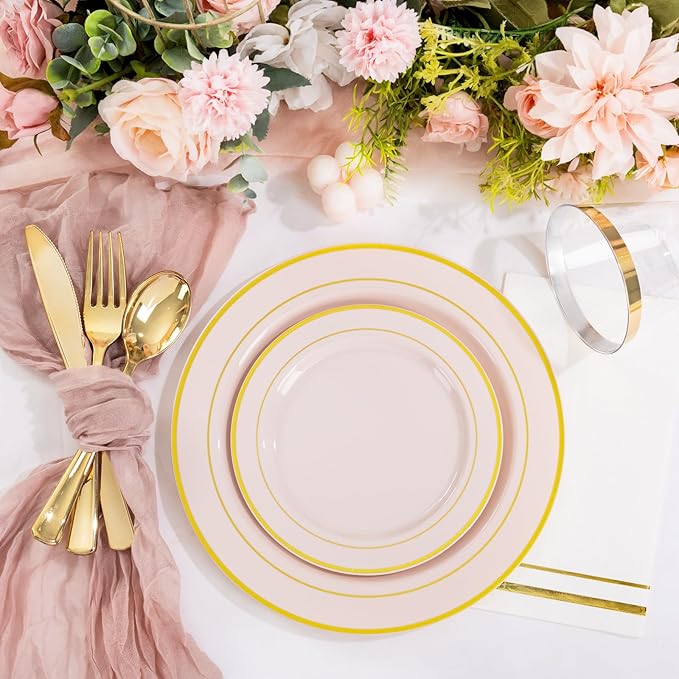 GATHER 350PCS Pink Plastic Plates - Disposable Plastic Dinnerware Set Include 100 Pink Plates, 150 Silverware, 50 Napkins, 50 Cups for Party & Wedding & Valentine's Day