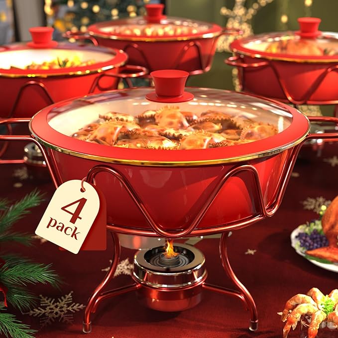 Chafing Dishes for Buffet 4 Pack, [Enameled, Redefined] Food Warmers for Parties Buffet [Water-Free Heating Design] 7QT Chafing Dish Buffet Set, Buffet Servers and Warmers for Any Party