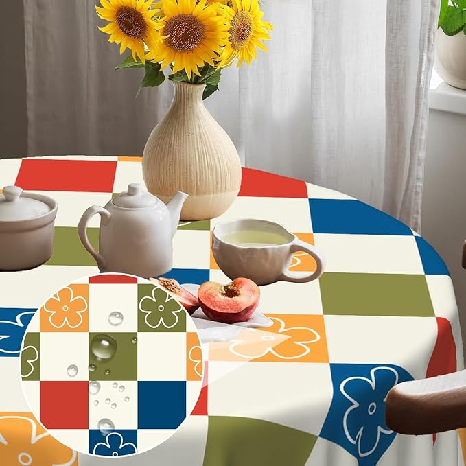 Laeacco 48 Inch Plaid Round Tablecloth Colorful Buffalo Plaid Flower Modern Geometric Abstract Art Print Table Cloth Washable Waterproof Wrinkle Free Table Cover for Kitchen Dining Picnic Party Decor