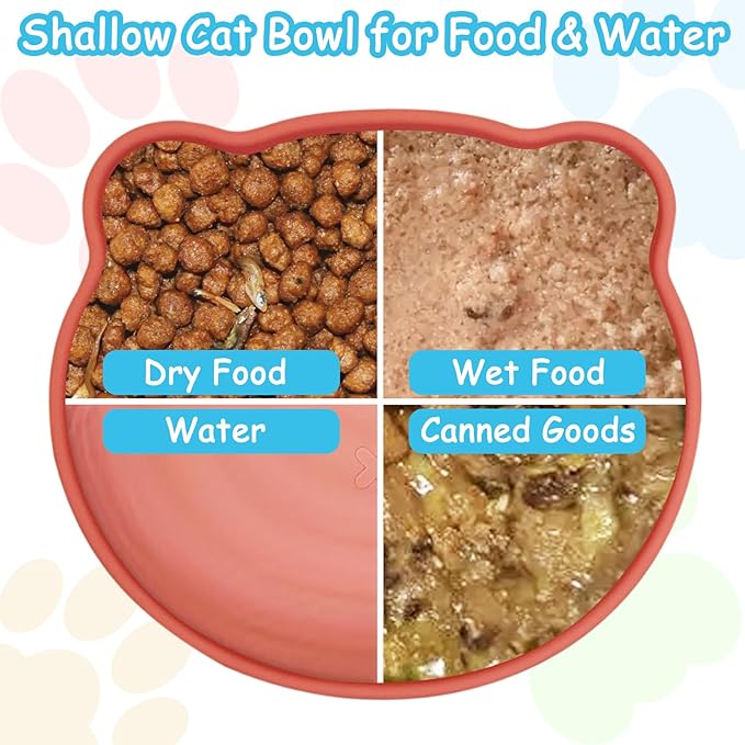 Silicone Cat Food Bowl Suction Cup Cat Dish 7" Shallow Kitty Plates Set of 3 Non-Slip Pet Dishes Relief Whisker Fatigue Puppy Feeding Bowl for Dry & Wet Food (Beige + Red + Blue)