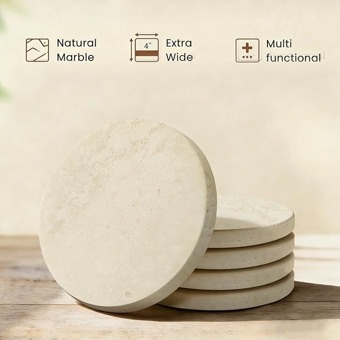 Natural Marble Coasters, Round Costers, Luxury Aesthetic Modern Decor for Coffee Table Bar Kitchen Home, Travertine Marble, Real Natural Semi Absorbent Stone Coasters