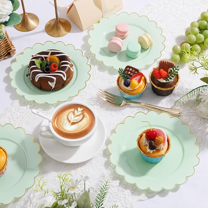 LIYH 100 Pcs Sage Green Dessert Plates Scalloped Plastic Cake Plate Gold Rim - 7.5 Inch Heavy-Duty Leak Proof Appetizer Plastic Plates for Birthday Wedding Holiday Party Self-Service Table Decor