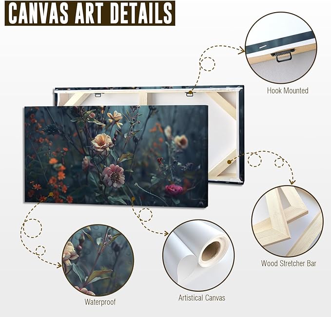 ADJUVANT Wall Art Impressionist Floral 60"L x 30"W, Dark Toned Blossoms With Lush Foliage Canvas Painting Enchanting Flowers Artwork Prints Floral Wall Decor for Living Room Bedroom Study Home Office