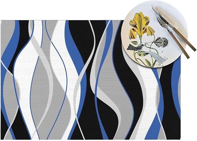 Placemats Set of 4 Black and Blue Place Mats White Grey Striped Modern Abstract Woven Table Mats Washable PVC Placemat for Dining Kitchen Decor Indoor Outdoor, 12 x 18 Inch