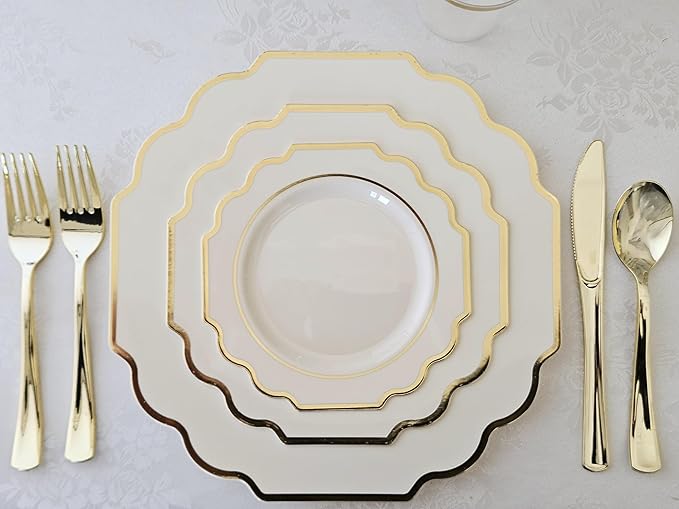 " OCCASIONS " 80 Plates Pack,(40 Guests) Heavyweight Wedding Party Disposable Plastic Plates Set -40 x 10.5'' Dinner + 40 x 8'' Salad/Dessert Plate (Imperial Ivory & Gold)