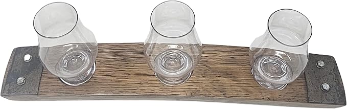 Barrel Stave Premium 3 Glass Whiskey Flight Serving Tray with Glencairn Glasses, Dark Walnut