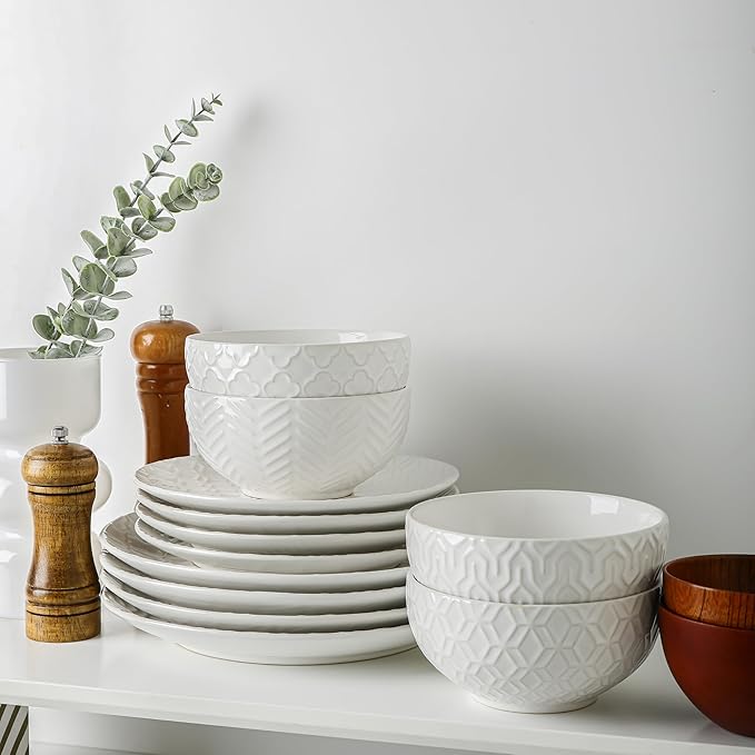 Sureasy Ceramic Dinnerware Set for 4-16 Pieces Embossed Plates and Bowls Sets, Scratch Resistant Dish Set, Microwave, Oven & Dishwasher Safe, White