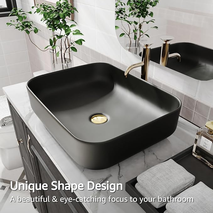 ELLAI Bathroom Vessel Sink Rectangle Above Counter Porcelain Ceramic Top Mount Rectanglar Countertop Sink for Bathroom 19.7"x15.2"x5.4" Matte Black