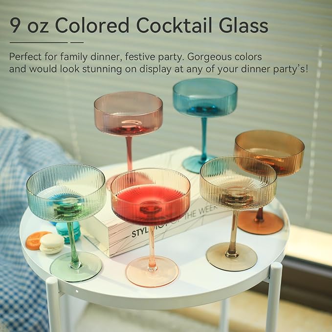 Colored Vintage Art Deco Coupe Glasses Set of 6 |Ribbed 9 oz Valentine's Day martini Glasses |Colorful Cocktail Glasses Set,Colored Coupe Glass,Champagne Coupe Glasses for Cocktail,Martini,Champagne