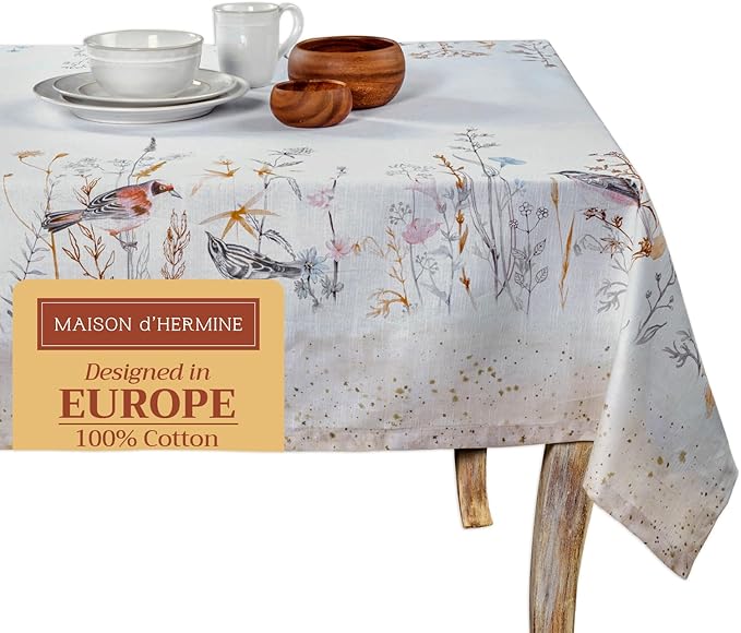 Maison d' Hermine Table Cloth Square Table 100% Cotton 54 x 54 Inches Tablecloth Reusable Decorative for Dining Room Farmhouse Home Valentines Day Decorations Spring Summer - Meadow Florals - Beige