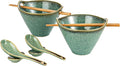 HENXFEN LEAD Japanese Ramen Bowls Set of 2 - Deep Ceramic Noodle Bowls with Spoons, Chopsticks and Holder, 20 Oz Serving Bowls for Pho, Udon, Soup - Reactive Green