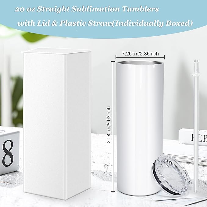 25 Pack Straight Sublimation Tumblers Bulk 20oz Stainless Steel Double Wall Insulated Sublimation Cups Wholesale Blank White with Lid, Straw for Tumbler Press Machine