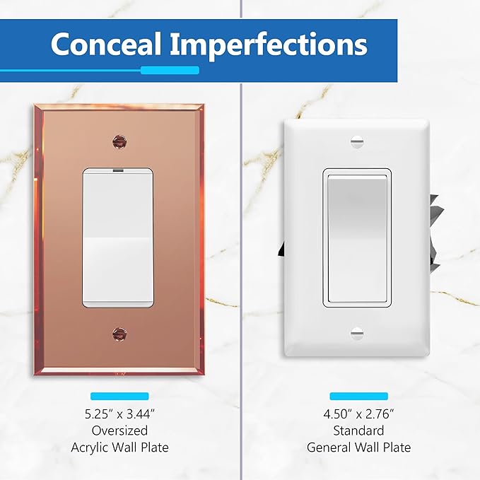LIDER Reflective Acrylic Decorator Wall Plate, Mirrored Light Switch Plate, Plexiglass Outlet Cover, Acrylic Glass, Oversized 1-Gang 5.25" x 3.44", LWP-31O-ARG5P, Rose Gold, 5 Pack