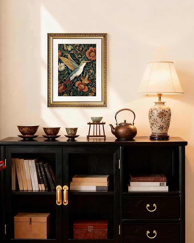 InSimSea Gold Picture Framed Wall Art, Living Room Vintage Moody Hummingbird Wall Decor, William Morris Botanical Canvas Print Art, Home Farmhouse Decor, Antique Paintings with Frame 13x16inch