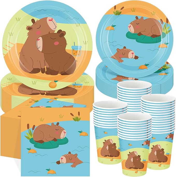Pickmesh 250 Pcs Capybara Birthday Party Supplies Tableware Set Capybara Disposable Paper Plates Napkins and Cups for Birthday Baby Shower Animal Theme Party Decorations