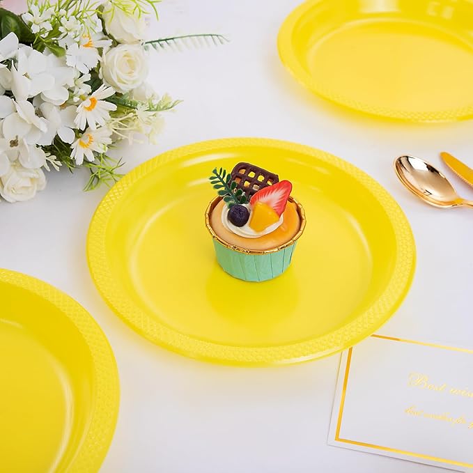WELLIFE Yellow Plastic Party Plates 9 Inch -150 Count, Disposable Plastic Dinner Plates for Easter Spring Parties Mother's Day Picnic BBQ