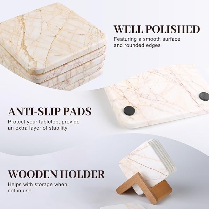Koville Marble Coasters Set of 5, Square Coasters with Holder for Drinks, 4" Cup Coaster for Coffee Table Home Office Bar Decor, Heat Resistant Decorative Drink Coaster (White&Gold)