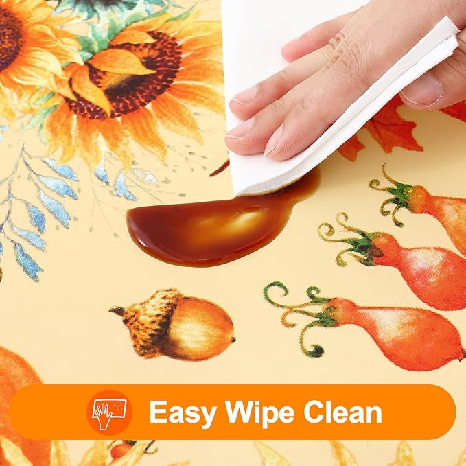 Smiry Plastic Thanksgiving Tablecloth, Sunflower & Pumpkin Wipeable Flannel Backed Vinyl Tablecloths for 6 Foot Tables, Waterproof Elastic Fitted Table Covers for Autumn Harvest (Gold, 30x72 Inches)
