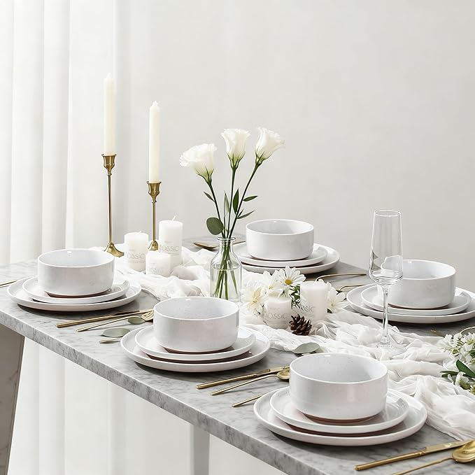 GZG Modern Art Series - 18 Pcs Speckled Stoneware Plates and Bowls Sets, Ceramic Dinnerware Set with Rustic Terracotta Underside, Microwave and Dishwasher Safe Handcrafted Dishes Set - Porcelain White