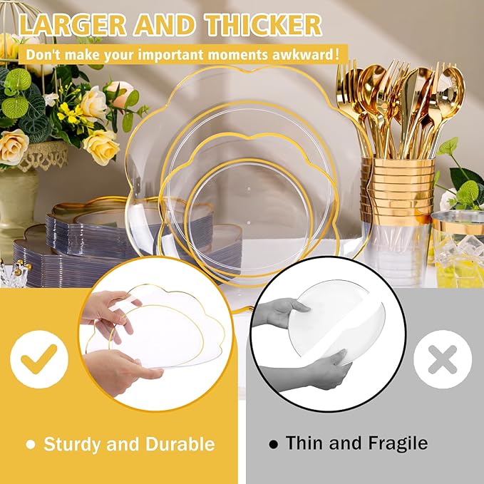 EI 180pcs Clear Plastic Plates with Gold Plastic Silverware, Plate for Party,Clear Dinnerware Set,Heavy Duty Plate for Wedding,Afternoon Tea,Spring,Mother's Day,Valentine's Day,Easter