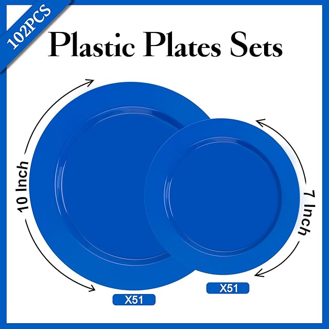 I00000 102 Pcs Plastic Plates, Plates Disposable Blue Party Plates Include 51 Blue Dinner Plate 10’’ and 51 Plastic Dessert Plate 7’’ Perfect for Wedding, Party