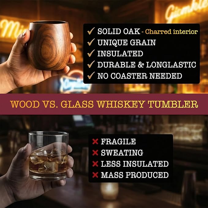 Charred Wooden Whiskey Glass Set – Durable Bourbon Glass for Men, Insulated Old Fashioned Glass – Whiskey Gifts for Husband, Dad, Brother – Birthday, Christmas, Father’s Day, Retirement