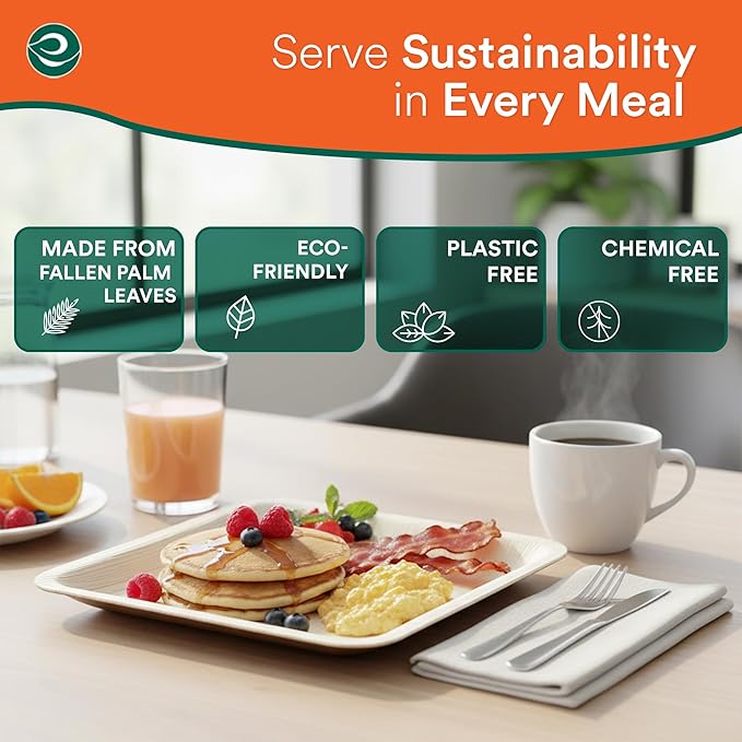 ECO SOUL Palm Leaf Plates 8"(50 Count) Square Compostable Bamboo Plates Heavy- Duty, Biodegradable Eco-Friendly Dinnerware for Party Dinner, Wedding, Holiday & Event