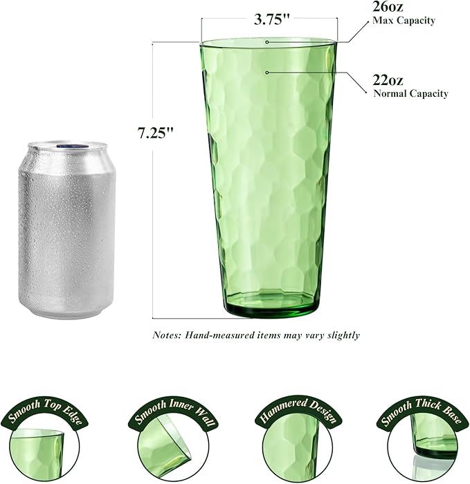 26oz Acrylic Glasses Drinkware (Set of 6), Hammered Design Shatter-Proof Plastic Cups, Reusable Large Drinking Tumblers, Stackable, BPA-Free, Dishwasher-Safe (Green)