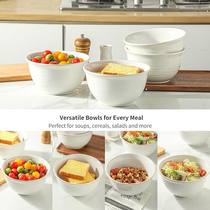 Soup Bowls, 40 Ounce Serving Bowls for Cereal Soup Salad Pasta Popcorn Oatmeal Breakfast, Durable Deep Ceramic Bowl Sets Suit For Housewarming, Microwave Safe & Dishwasher Safe, Arctic white