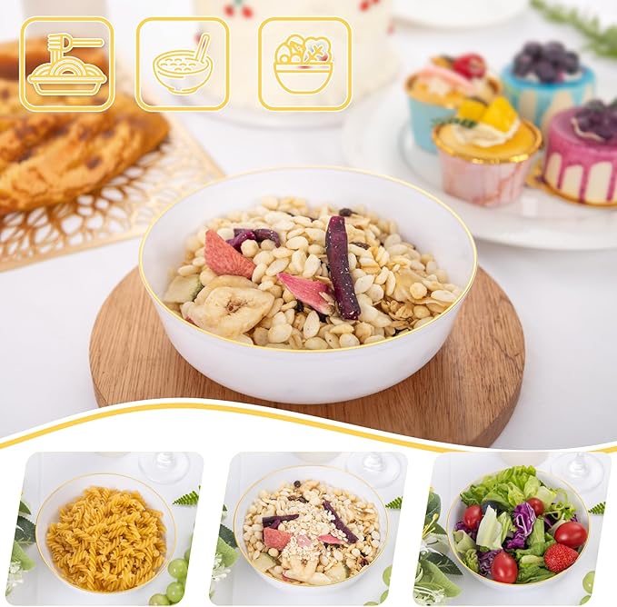 I00000 30 Pack White Plastic Bowls with Gold Rim,16 oz Disposable Soup Bowls,Premium Heavy Plastic Serving Bowls Ideal for Thanksgiving Party