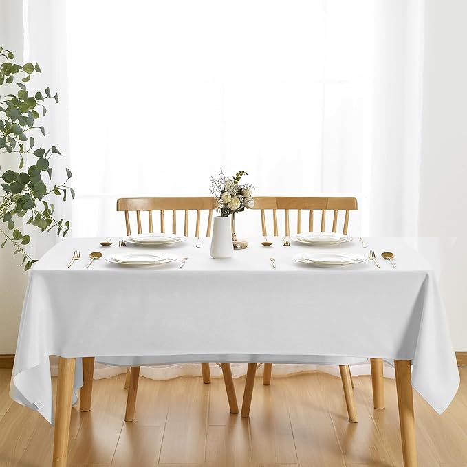 JIUZHEN Faux Linen Farmhouse Tablecloth Rectangular, Wrinkle Stain Resistant Table Cloth Rectangle Table Cover for Kitchen Dining, Holiday Party Dinner, White, 70 x 108 Inch