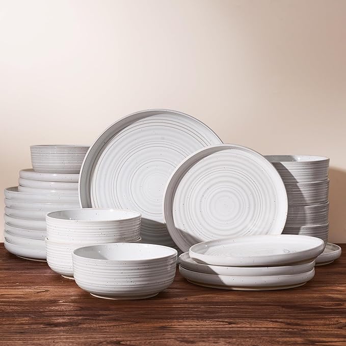 Stoneware Dinnerware Set, Highly Chip and Scratch Resistant Everyday Plates and Bowls for 8 (24pcs), Reactive Glaze Speckled Ceramic Flared Dishes with Gift Box, Microwave Dishwasher Safe, White