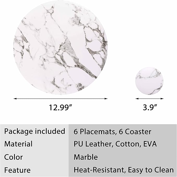 Set of 6 Marble Round Placemats and Coasters, Faux Leather Waterproof Table Mats, Easy to Wipe Off for Kitchen Dining Round Table