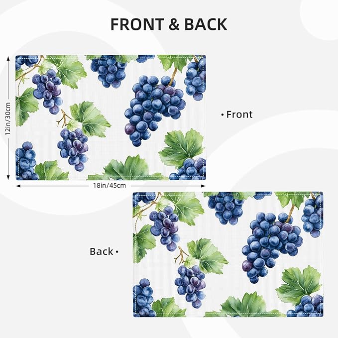 Grape Placemats Set of 6, Blue Grapes Place Mats, Fruit Waterproof Washable Table Mats for Home Party Indoor Kitchen Dining Table Decoration 12x18 Inch