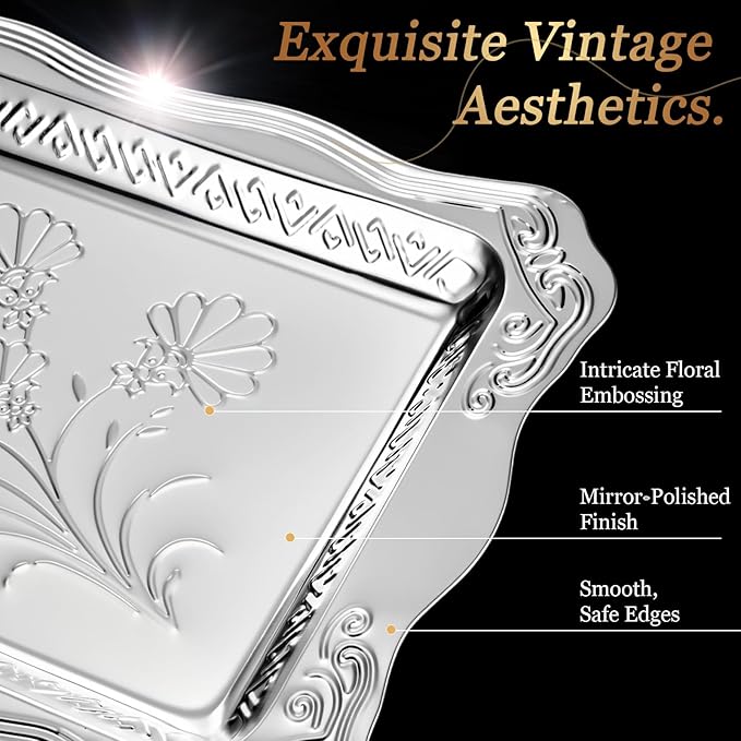 4 Pack 16.3" x 11.4" Large Silver Serving Trays for Dessert Table Stainless Steel Silver Platters Floral Engraved Mirror Serving Platters for Wedding, Cookies, Desserts, Party Food Display