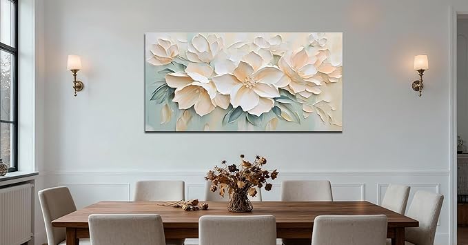 Anolyfi White Textured Flowers Canvas Wall Art for Living Room, Modern Aesthetic Picture Sage Florals Painting Wall Decor, Large Artwork for Hallway Bedroom Office Home Decor 48"x24"