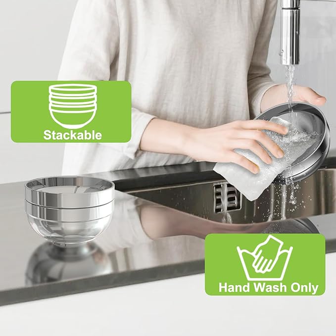 Stainless Steel Bowls, 6 Pack 5.9in 20.6oz 610ml Medium SUS304 Double Wall Insulated Stackable Metal Cereal Bowl Containers for Dishes Eating Serving Snacks Ice Cream Soup Food Rice Salad