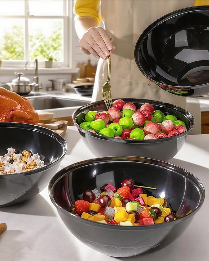 BESTVIP 150oz 4 Pack Black Plastic Serving Bowls for Party, Disposable 11.6" Large Salads Container for Snacks, Chips, Meal Prep, Stackable Candy Dishes for Christmas, Holiday, Reusable