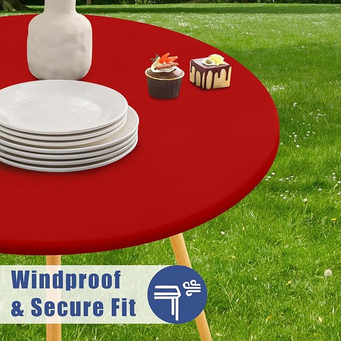 Round Spandex Tablecloth, Elastic Fitted Waterproof Tablecloths for 57"-68" Tables, Stretch Washable Picnic Table Cover for Camping, Dining, Indoor and Outdoor, Red
